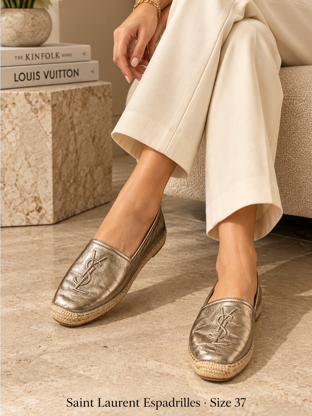 Saint Laurent Metallic Gold Espadrilles with YSL Logo